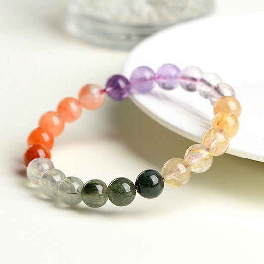 天然綠髮晶紅兔毛紫超七金髮晶多寶水晶手環