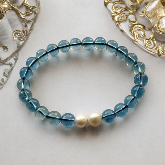 天然淨透體海藍寶手環加天然珍珠手環