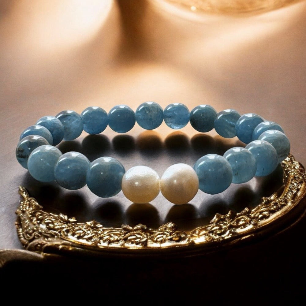 天然海藍寶手環黑碧璽雙石共生加淡水珍珠