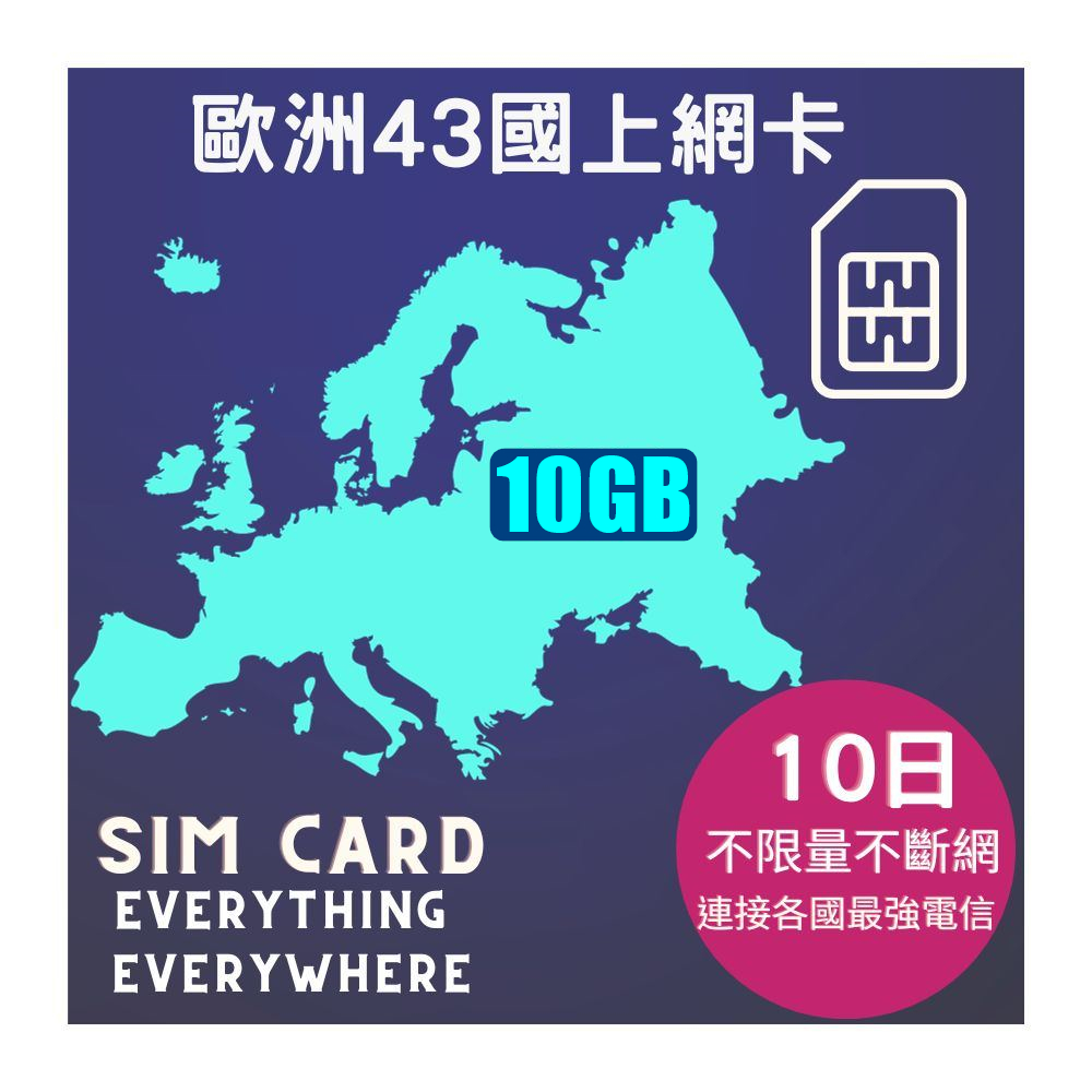歐洲上網卡不限量10天43國10GB(不限量不斷網)含瑞士、黑山 、巴爾幹半島、俄羅斯