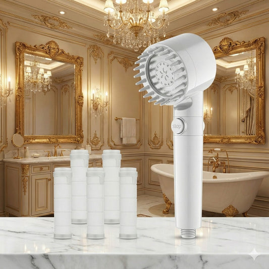 白色增壓蓮蓬頭衛浴花灑一鍵止水贈6濾心(蓮蓬頭花灑 省水 加壓 過濾雜質)【EU CARE-歐台絲路】