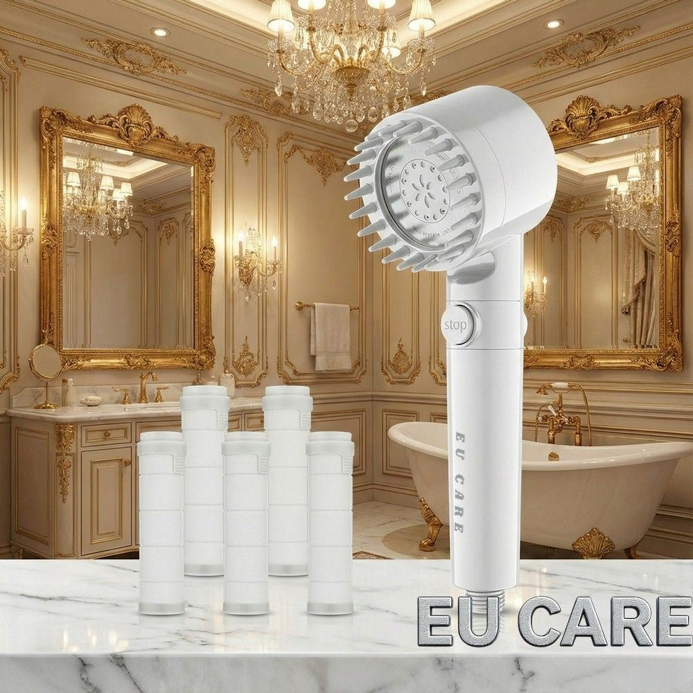 白色增壓蓮蓬頭衛浴花灑一鍵止水贈6濾心(蓮蓬頭花灑 省水 加壓 過濾雜質)【EU CARE-歐台絲路】