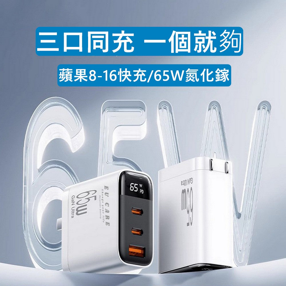 65W GaN 快充器｜三口同時輸出，充電不等待  智能液晶顯示快充器｜功率透明可見，Bsmi認證安全可靠
