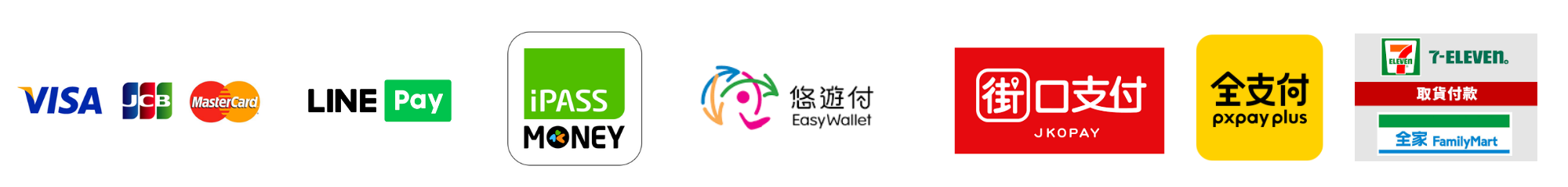 支援信用卡、LINE Pay、街口支付、悠遊付、iPASS、全支付與超商取貨付款