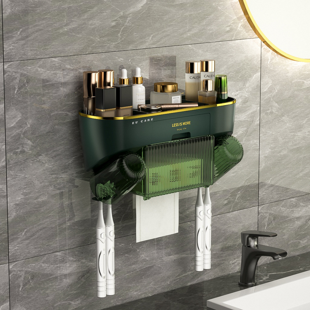 EU CARE浴室免打孔多功能收納置物架牙刷置物架免打孔掛牆式