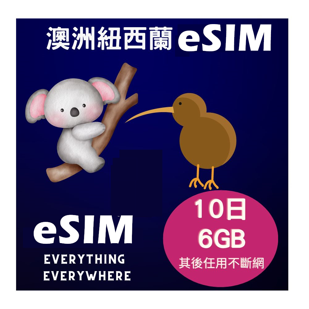 eSIM紐西蘭澳洲10日6GB高速上網卡(其後任用不斷網)+40分鐘紐澳區域撥打電話