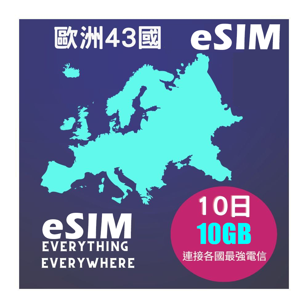 eSIM歐洲上網43國10天10GB不限量高速不斷網含瑞士、黑山 、巴爾幹半島、俄羅斯