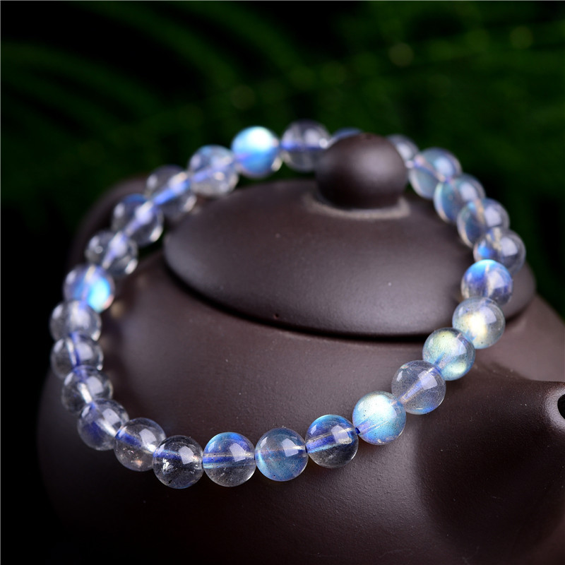 天然7A收藏級灰月光手環顆顆帶藍光寶石水晶手環手鍊