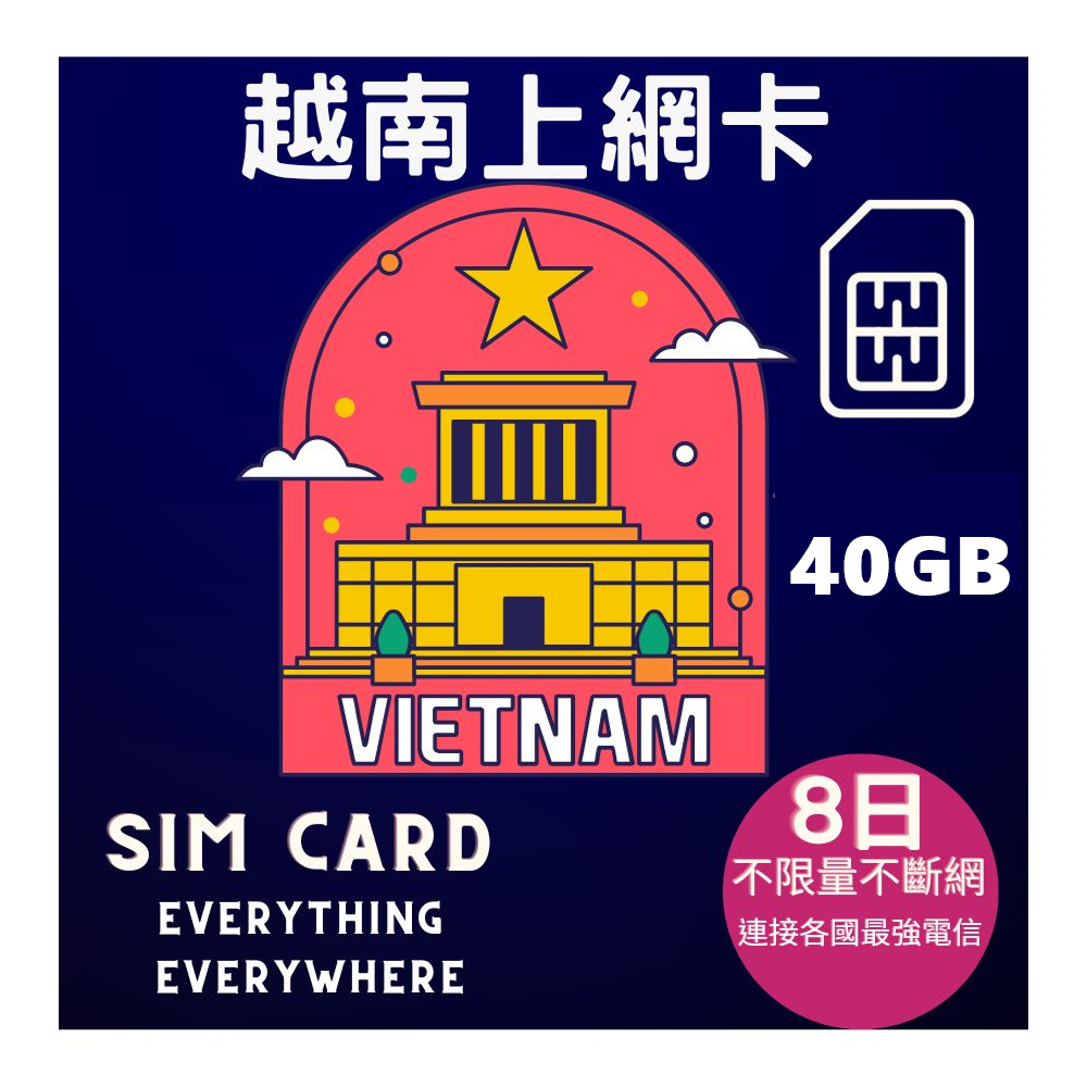 越南上網卡8日高速上網40GB吃到飽不斷網