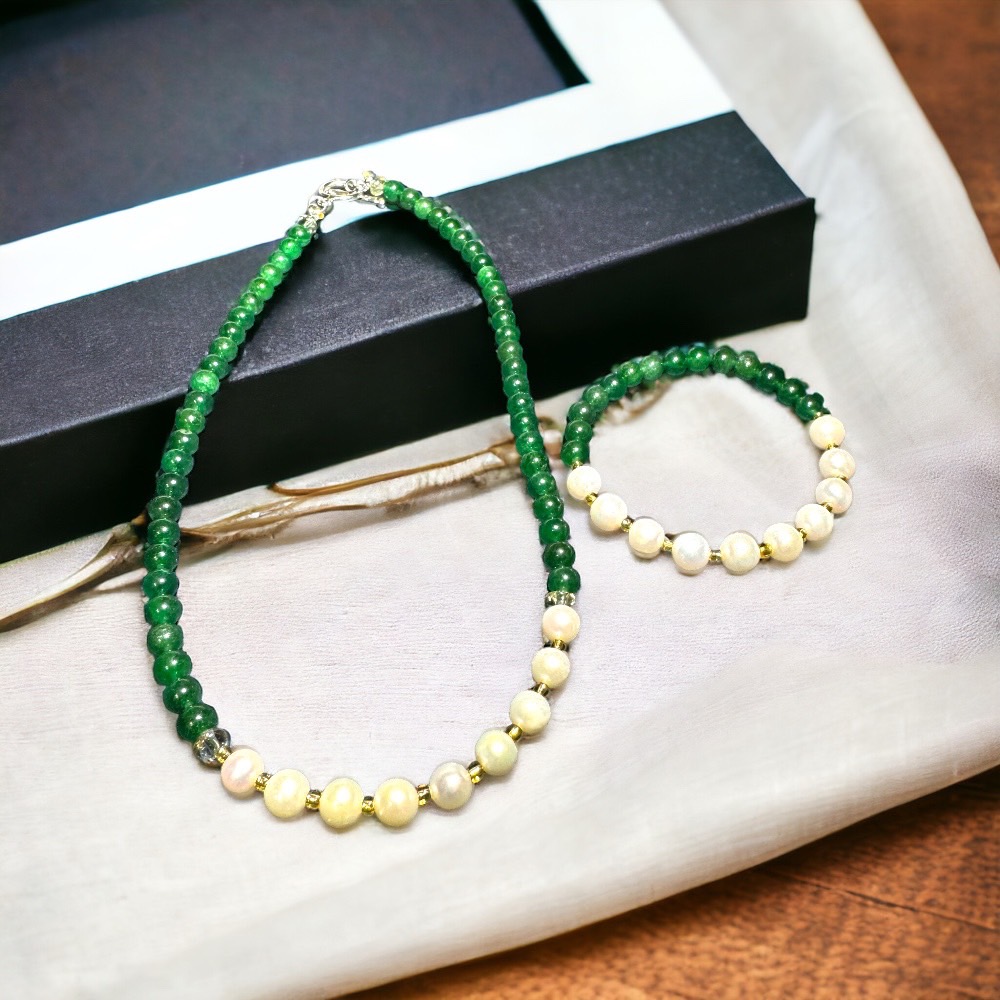 天然祖母綠珍珠手環項鍊組~5月幸運石-安神幫助平穩心境讓人感到輕鬆愉悅帶來幸福和好運